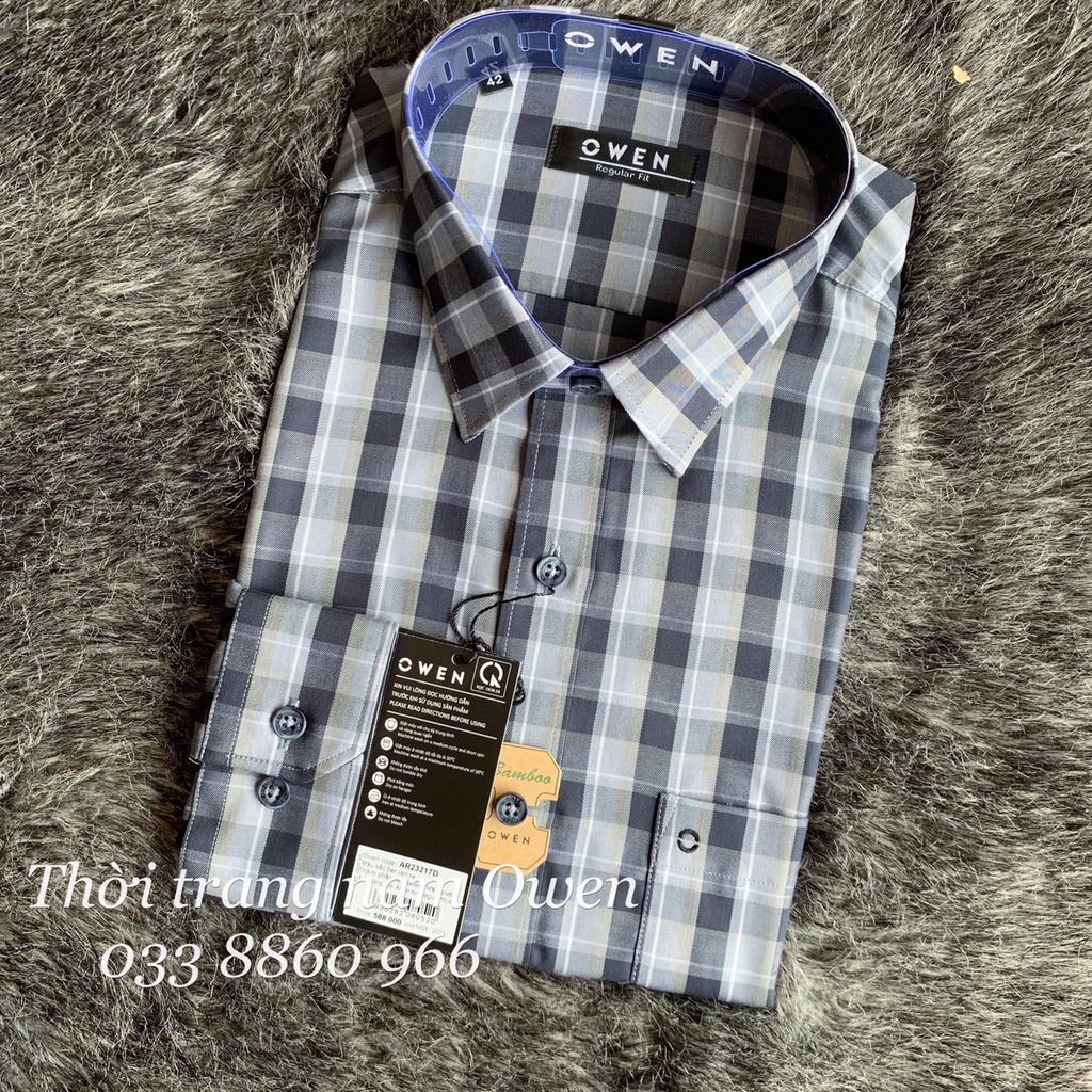 OWEN - Áo sơ mi dài tay Owen Regular fit chất sợi tre kẻ ca rô đen xám 23217