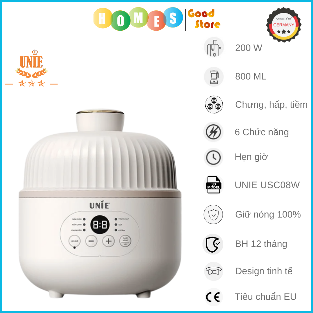 Nồi Chưng Yến, Nồi Ninh Hấp, Nồi Cách Thủy, Nồi Nấu Cháo Chậm UNIE USC08W Chống Trào, Chống Cháy Gồm 6 Chương Trình Nấu Cài Sẵn Dung Tích 0.8 Lít Công Suất 200 W - Hàng Chính Hãng