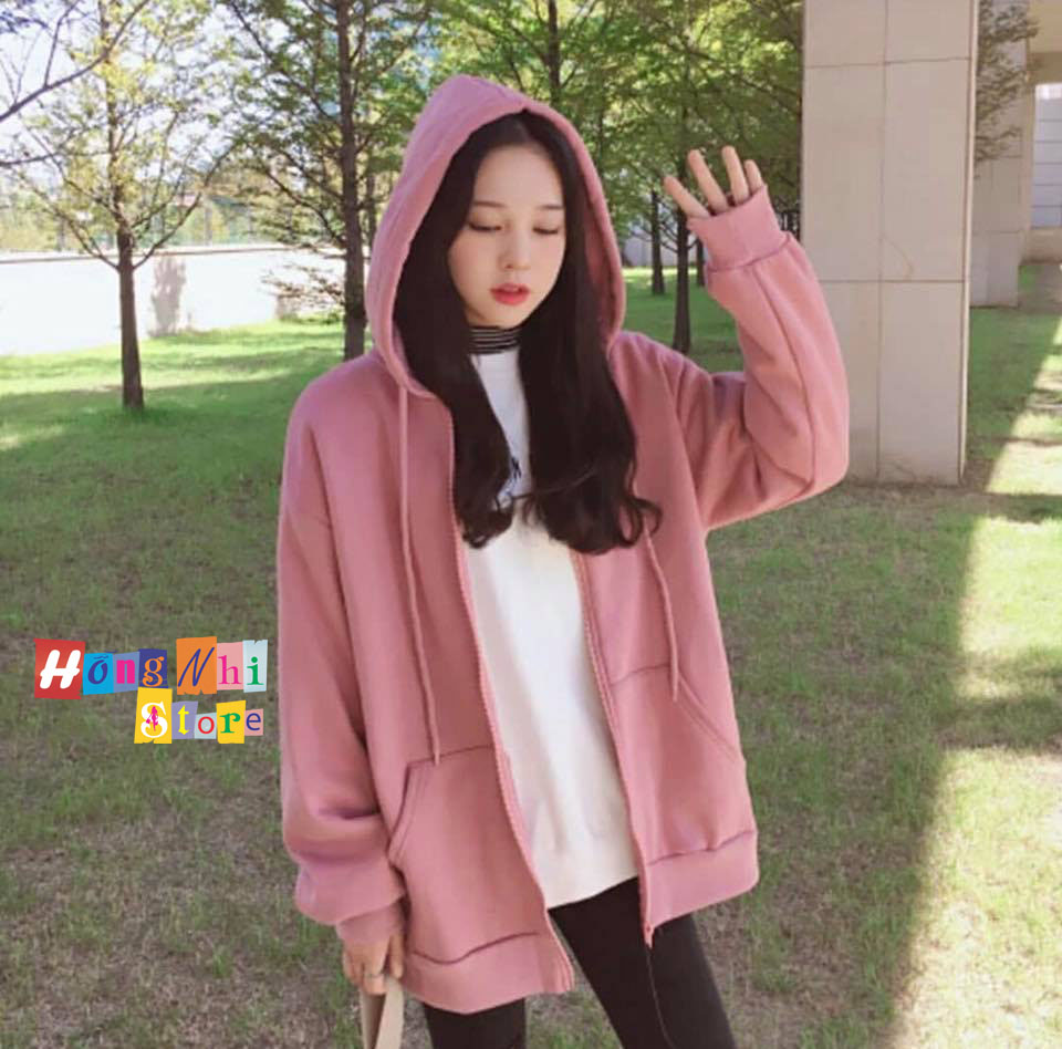 Áo Khoác Hoodie Zip Trơn Oversize Ulzzang Unisex Hoodie Dây Kéo Màu Hồng Ruốc Dáng Rộng - MM