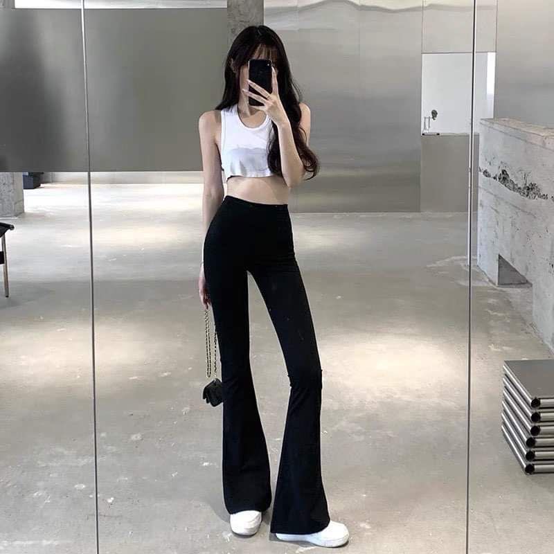 Quần ống loe nữ cạp cao dáng dài legging, quần tây ống loe nữ ôm vải mềm lưng chun màu đen
