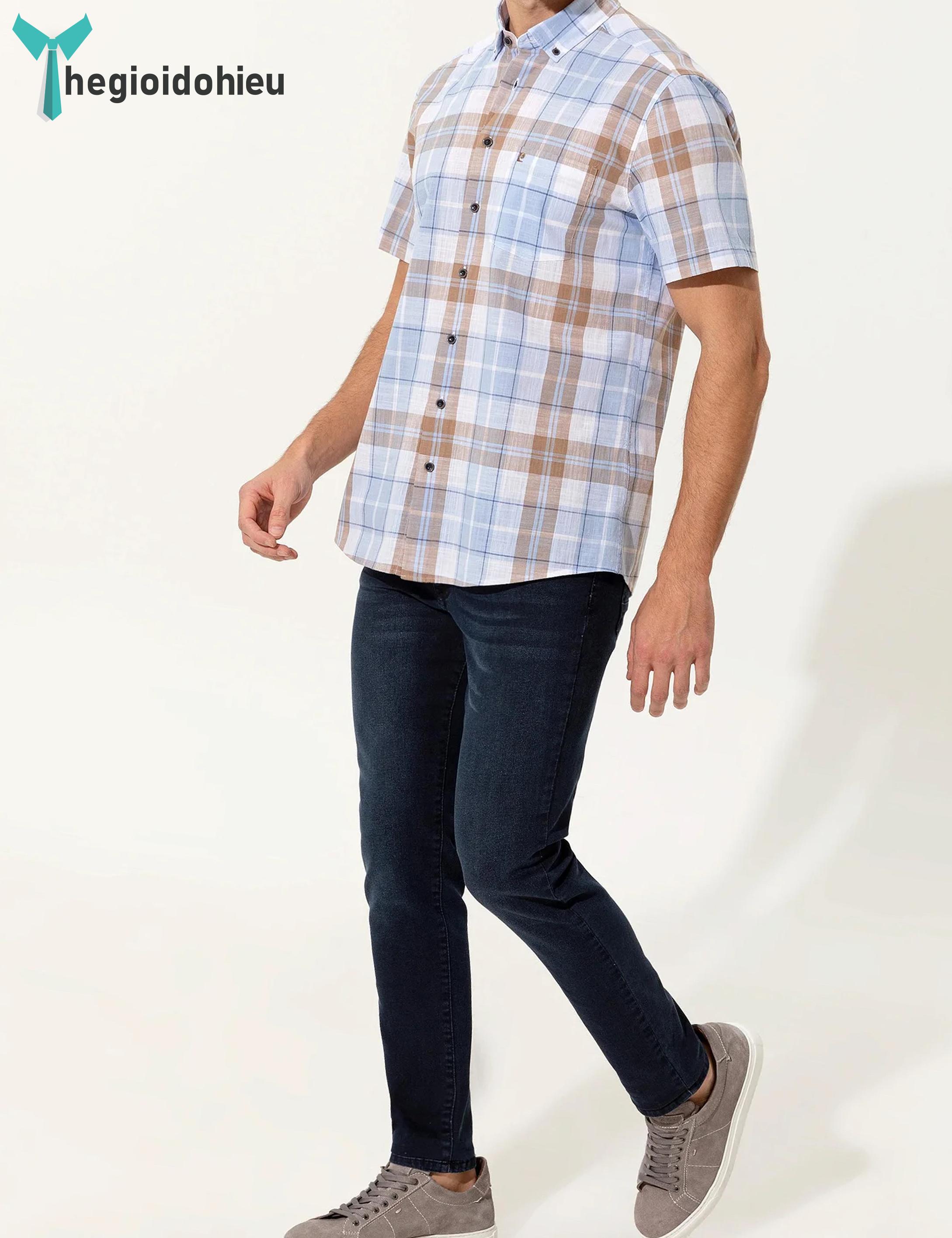 Áo sơ mi nam ngắn tay Pie Cardin PCShirt97 (Caro xanh) - Hàng nhập khẩu - Có túi - Caro xanh