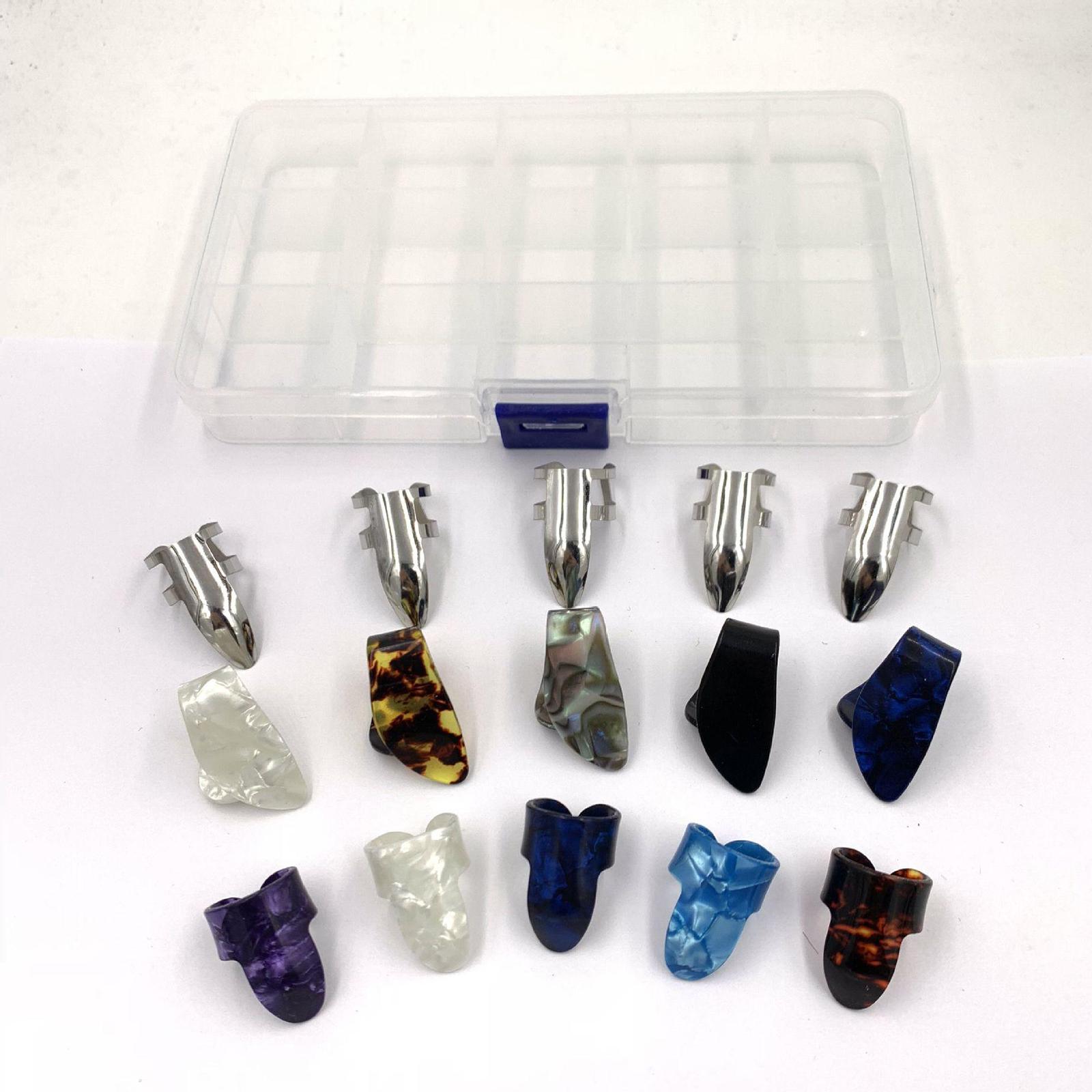 Pack of 15 Guitar Thumb Finger Picks, Colorful Nail Plectrum, for Guitar Bass Banjo Plastic and Stainless Steel 15 Grid Box