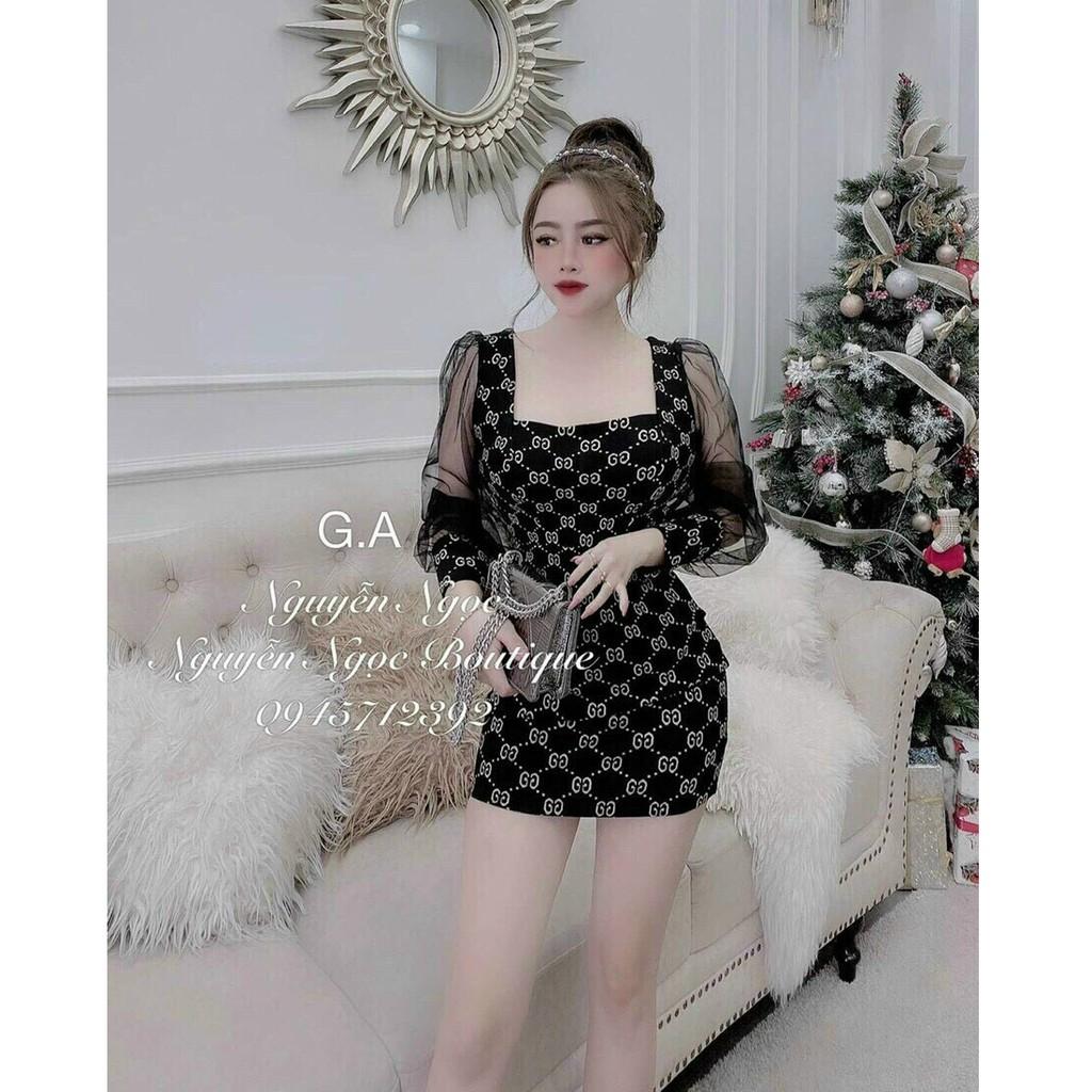 Đầm body cổ vuông hoạ tiết phối tay lưới xịn xò