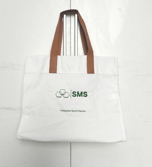 TÚI VẢI TOTE CANVAS SMS màu trắng, dây da 40x32 cm