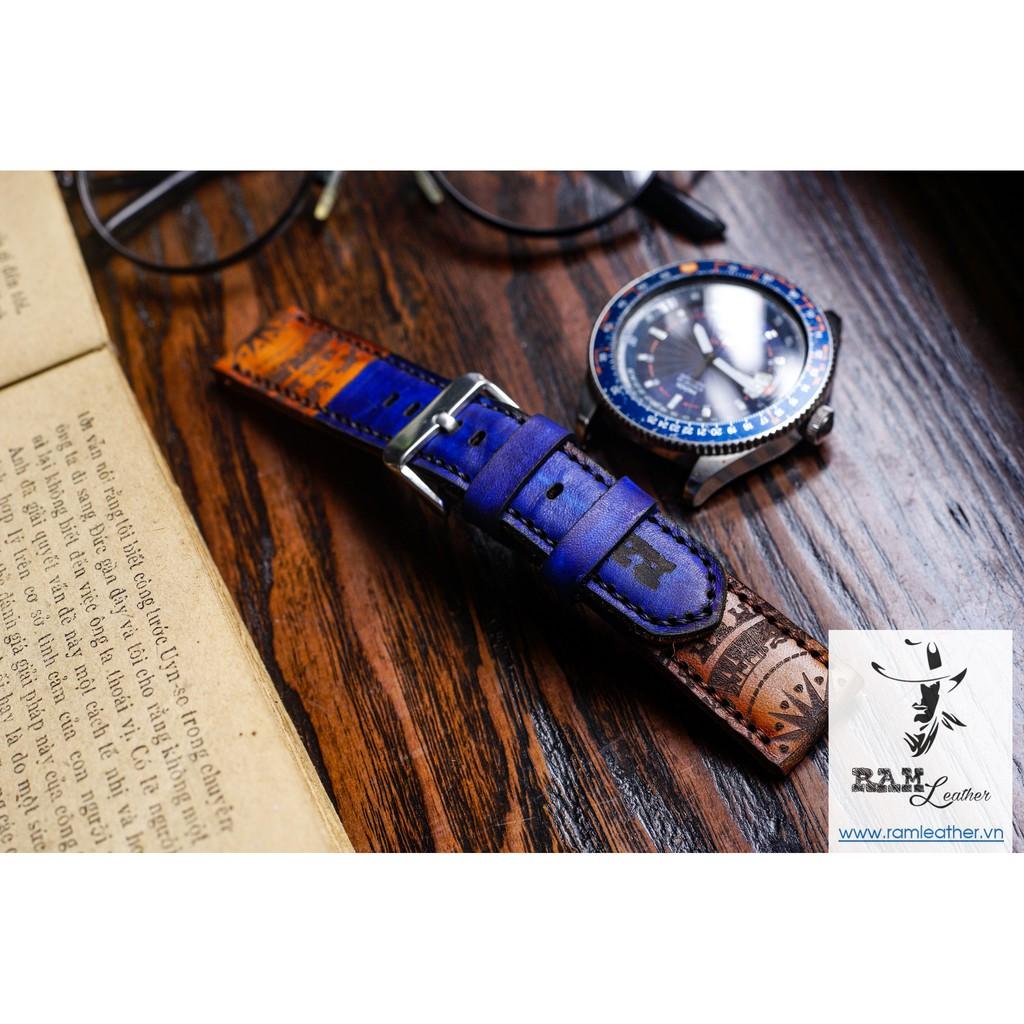 DÂY ĐỒNG HỒ TRỐNG ĐỒNG XANH NAVY - DA BÒ THẬT -ĐỦ SIZE 18,20,22,CASIO, APPLE WATCH -CHÍNH HÃNG RAM LEATHER