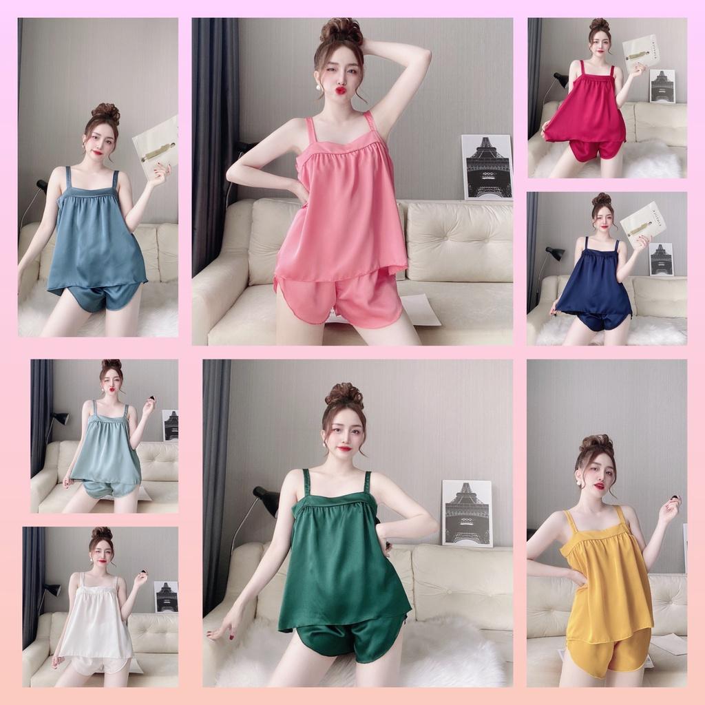 Bộ ngủ sexy nữ, đồ lụa satin, bộ đồ ngủ hai dây bản to mềm mịn mát dưới 55kg