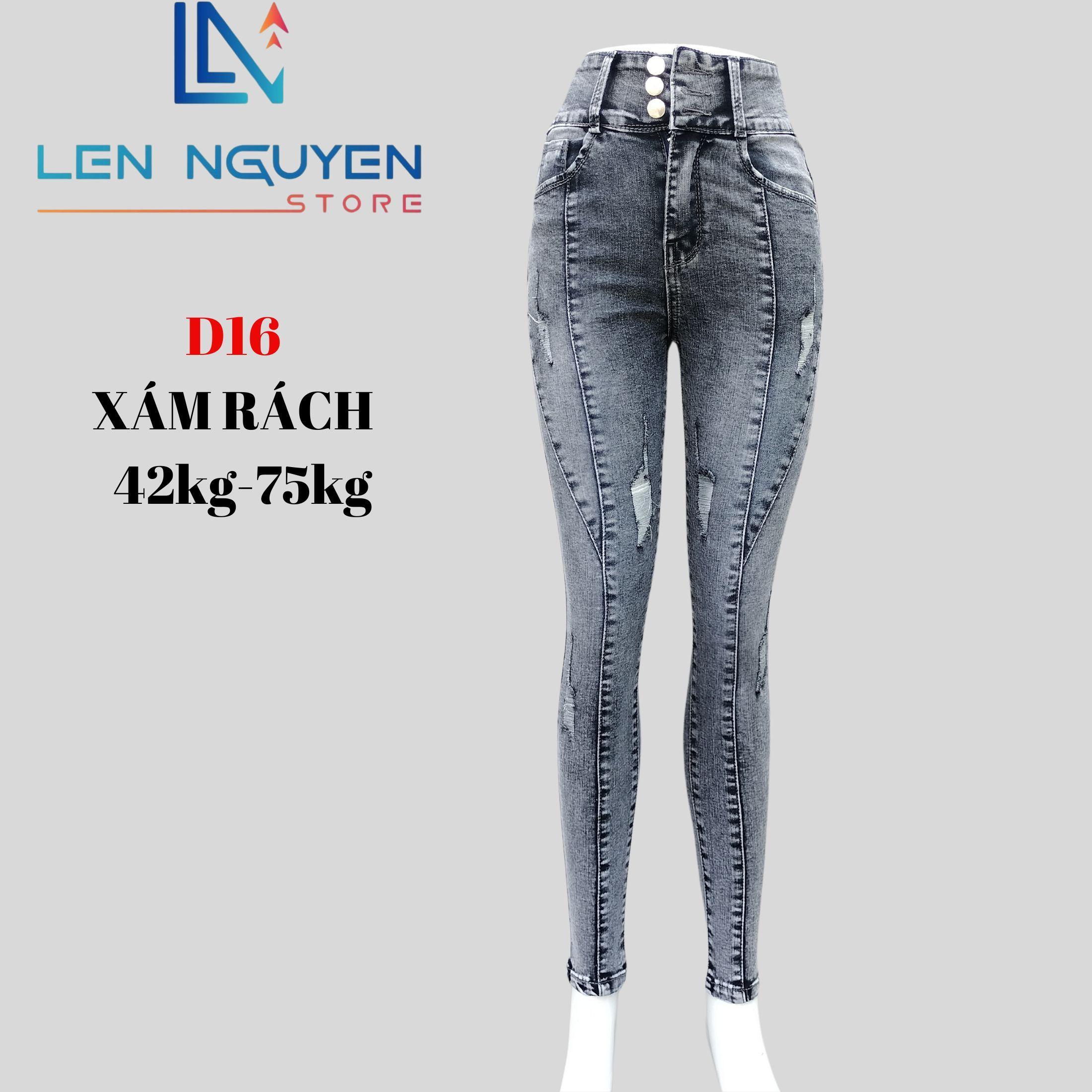 D16_ Quần jean nữ , 3 Nút Lưng Siêu Cao,dài Quần 95CM Thiết Kế xếp ly xéoPants Women Denim Xám