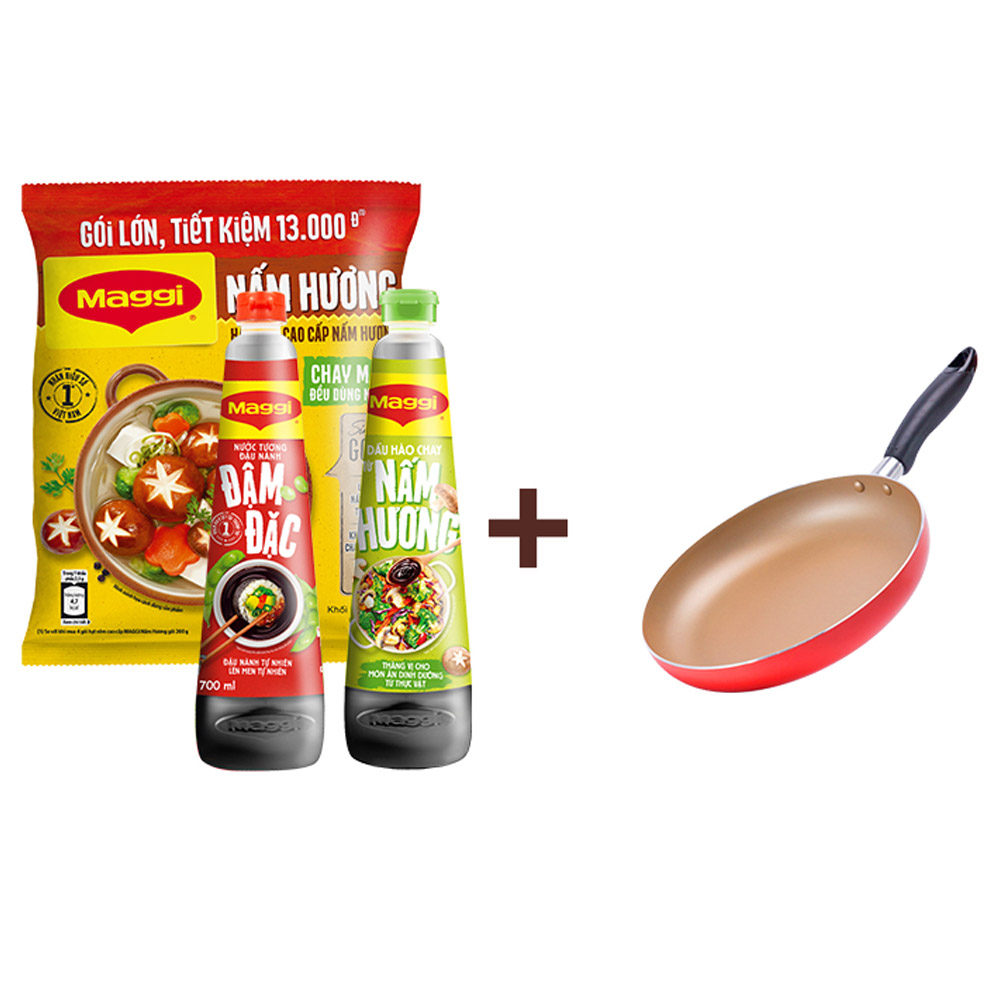 [TẶNG CHẢO ELMICH 24CM] COMBO MAGGI: Hạt nêm Nấm Hương 800g + Nước tương đậu nành Đậm Đặc 700ml + Dầu hào Nấm Hương 820g