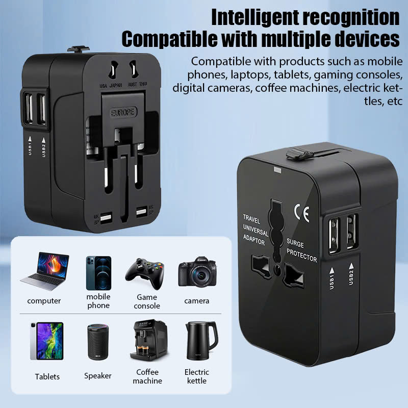 Ổ Cắm Điện Du Lịch Quốc Tế Đa Năng Tích Hợp 2 Cổng USB . Chất Liệu Nhựa PC Chống Cháy Phù Hợp Với Hơn 150 Nước. Hàng Chính Hãng