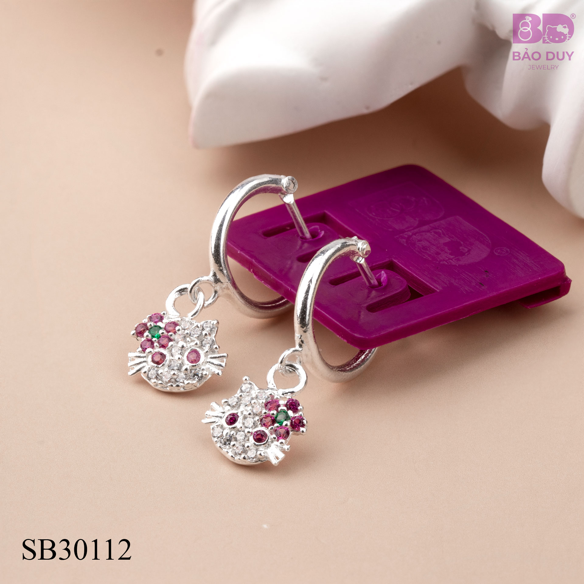 Bông tai Bạc trẻ em Hello Kitty đính đá Bảo Duy Jewelry - SB30112