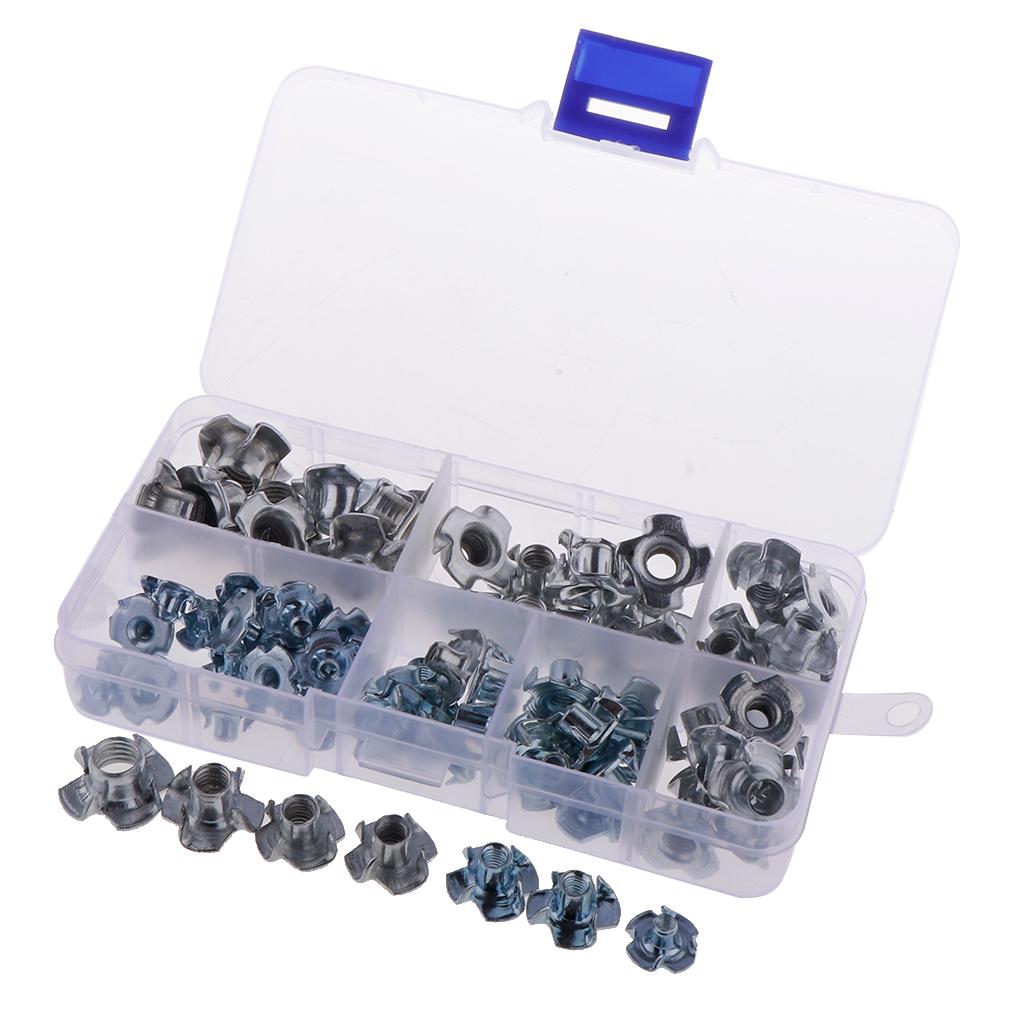 80Pcs M3/M4/M5/M6/M8 Zinc Plated Four Prong Furniture T Nuts Blind Nut Wood