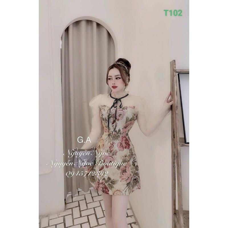 Đầm hoạ tiết hoa phối lưới có nơ cổ phong cách tiểu thư sang chảnh kèm hình thật