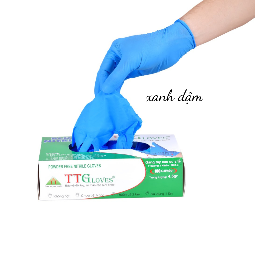 Găng Tay Y Tế, Găng Tay Cao Su Y Tế Không Bột Nitrile TTGLOVES cao cấp Màu Xanh 4.5g 100 Chiếc (SIZE M)