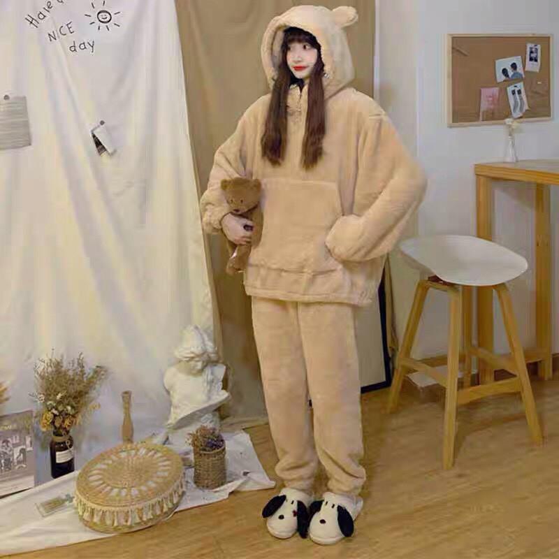 Set Nỉ Bông Cosplay Gấu Nữ - Rere.Store - Bộ quần dài dáng suông kèm áo hoodie tai gấu bánh bèo