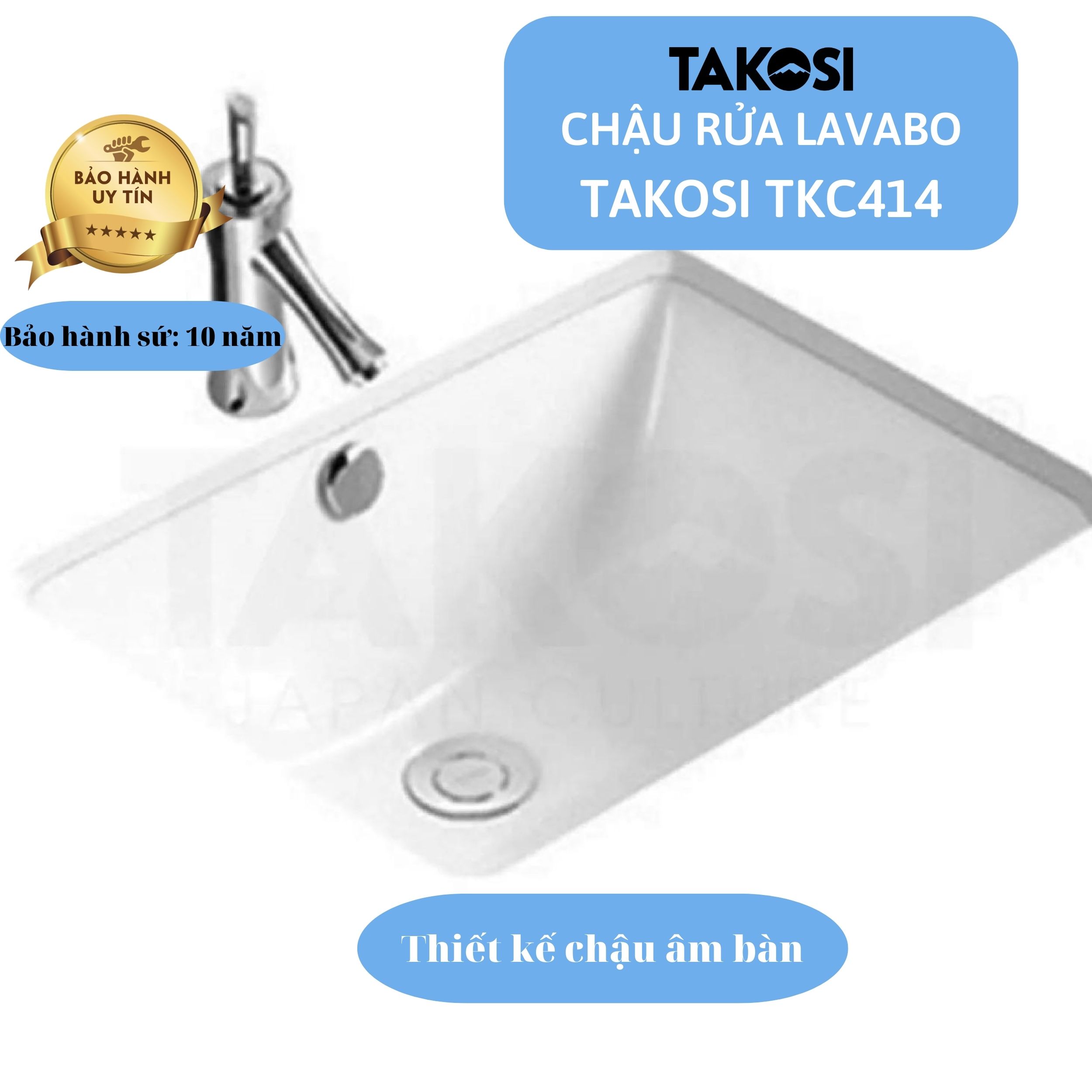 Chậu Lavabo sứ, Chậu rửa mặt phòng tắm Takosi TKC414 Chữ Nhật Âm Bàn Dùng Gia Đình, Khách Sạn - Hàng Chính Hãng Bảo Hành 10 năm