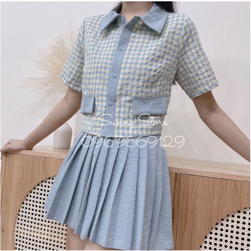 Set đồ bộ áo caro chân váy xếp ly - Đầm thiết kế