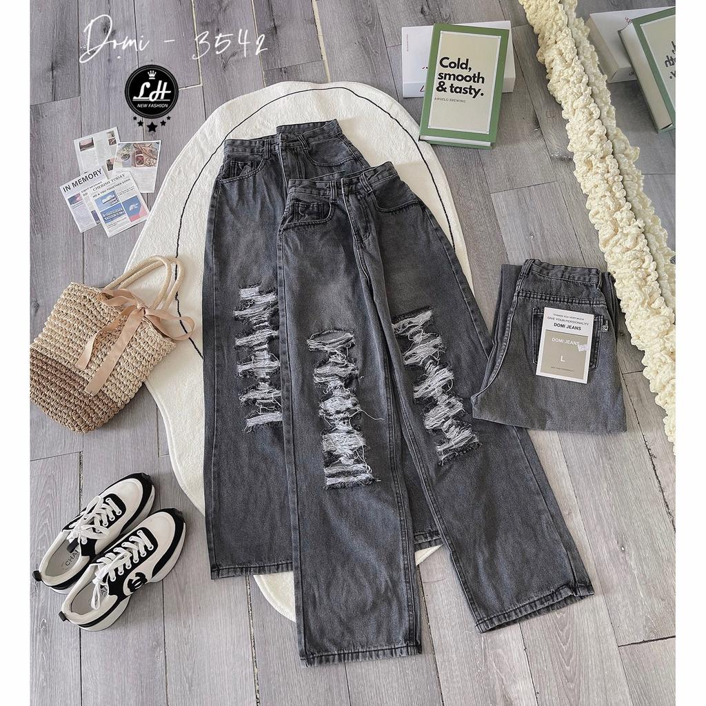 Quần jean nữ ống rộng, quần bò màu xám rách tả tơi siêu cá tính Lê Huy Fashion MS 3542