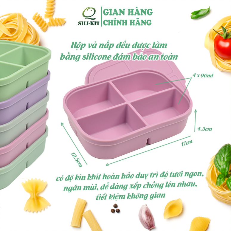 Khay silicon trữ đông Q SILI-KIT 4 ngăn có nắp, sử dụng đa năng, kích thước 16.4x12.4x3.8cm