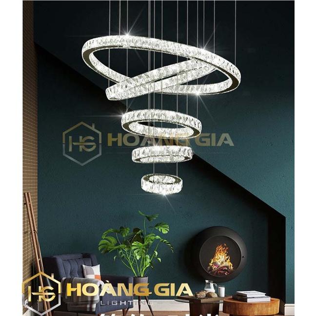 Đèn Thả Trần Đèn Thả Phòng Khách 5 Vòng Pha Lê Trang Trí Hiện Đại Kèm Điều Khiển Từ Xa