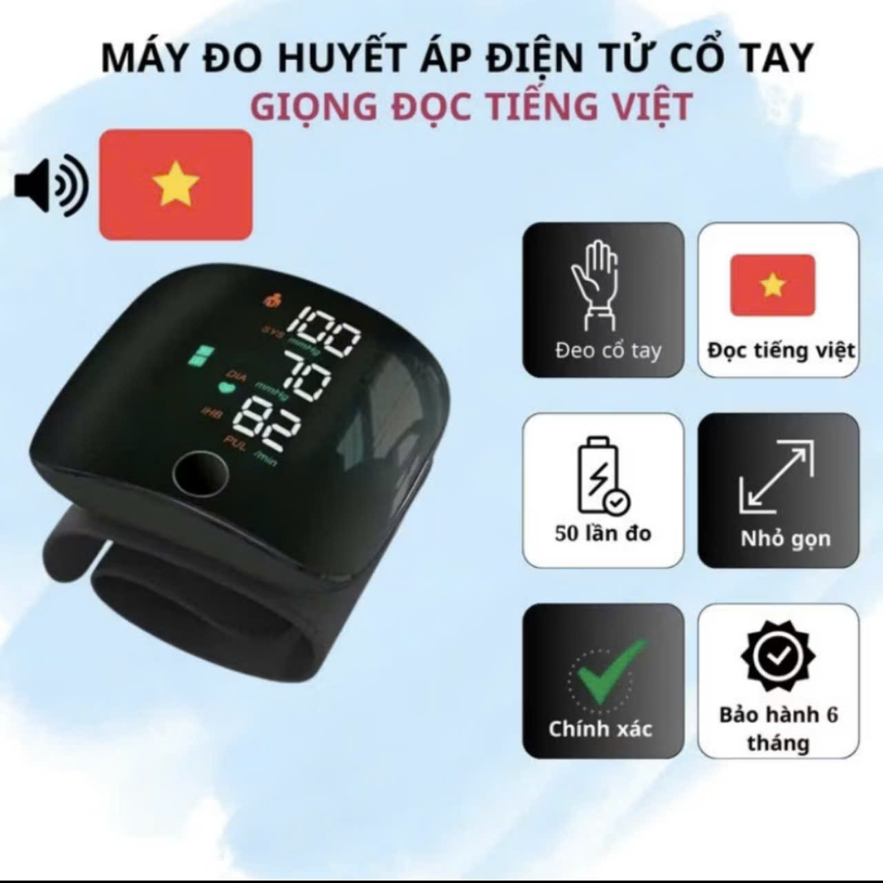 Máy Đo HyếtÁp Cổ Tay, Đo NhịpTim Hiện Đại Với Màn Hình LED, Giọng Nói Tiếng Việt , Sạc Pin Siêu Bền