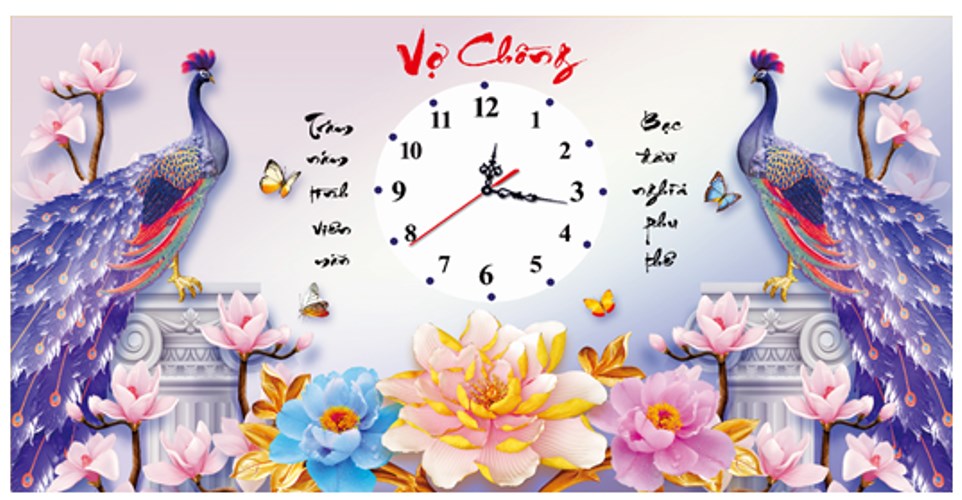 Tranh đính đá đồng hồ vợ chồng chim công VS062 - 80 x 45 cm - chưa đính