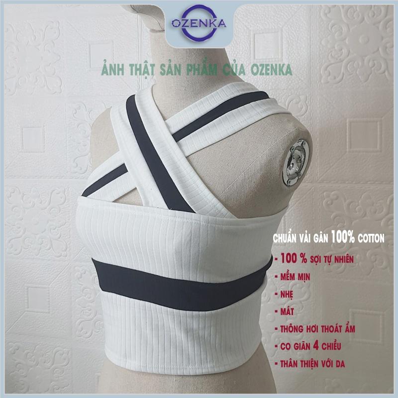 Áo croptop sát nách cổ chữ V kẻ sọc phong cách âu mỹ dệt kim OZENKA hai dây bản to vải gân 100% cotton mềm mịn