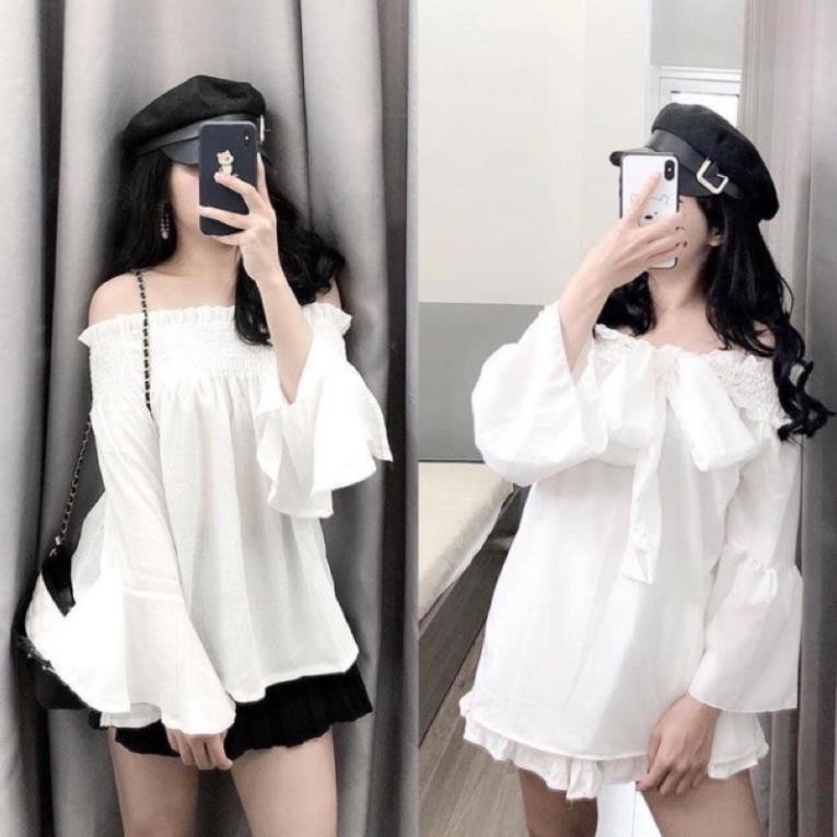 Áo trễ vai tay dài, áo bánh bèo trễ vai nơ hở lưng điệu đà
