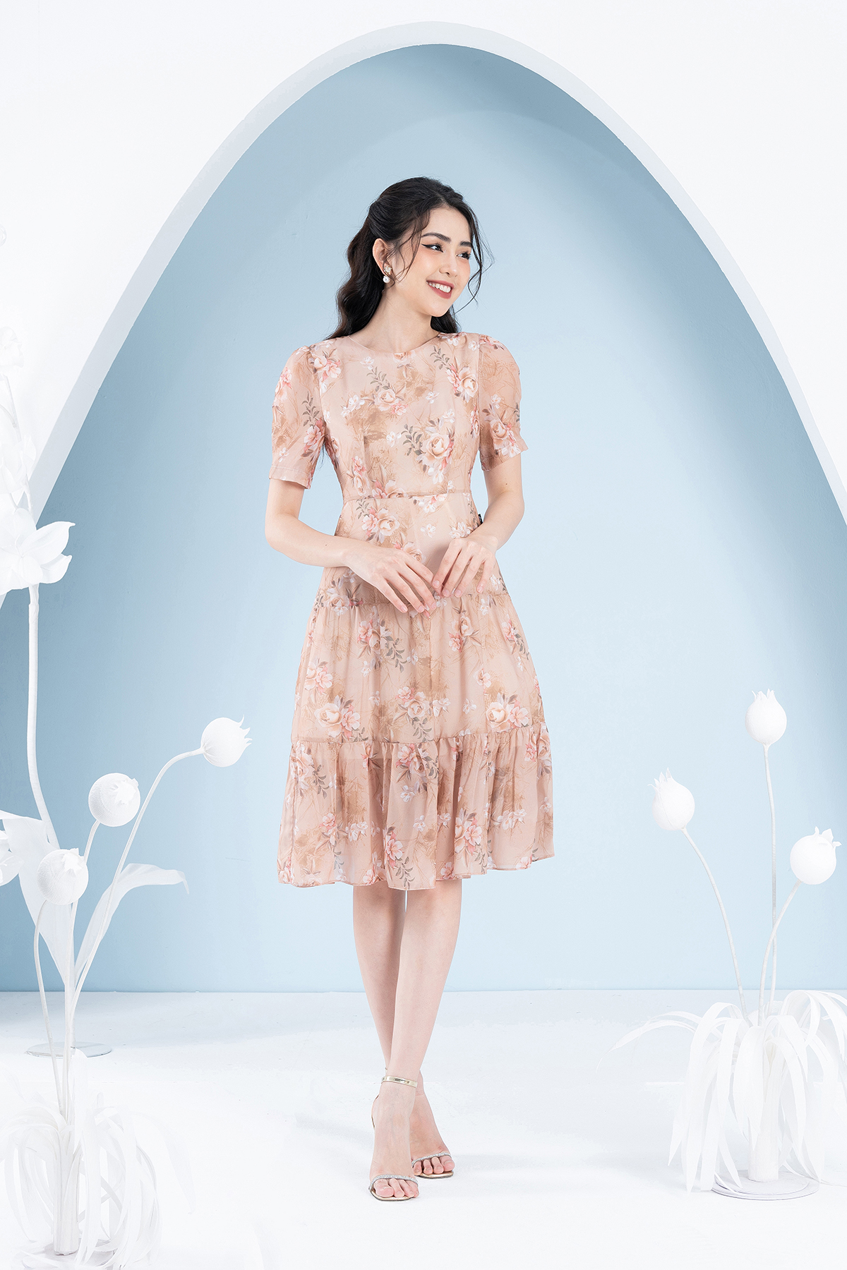 Đầm Maxi Tơ Hoa Luperi LFV3289 xếp tầng dài qua gối may 2 lớp lót tinh tế