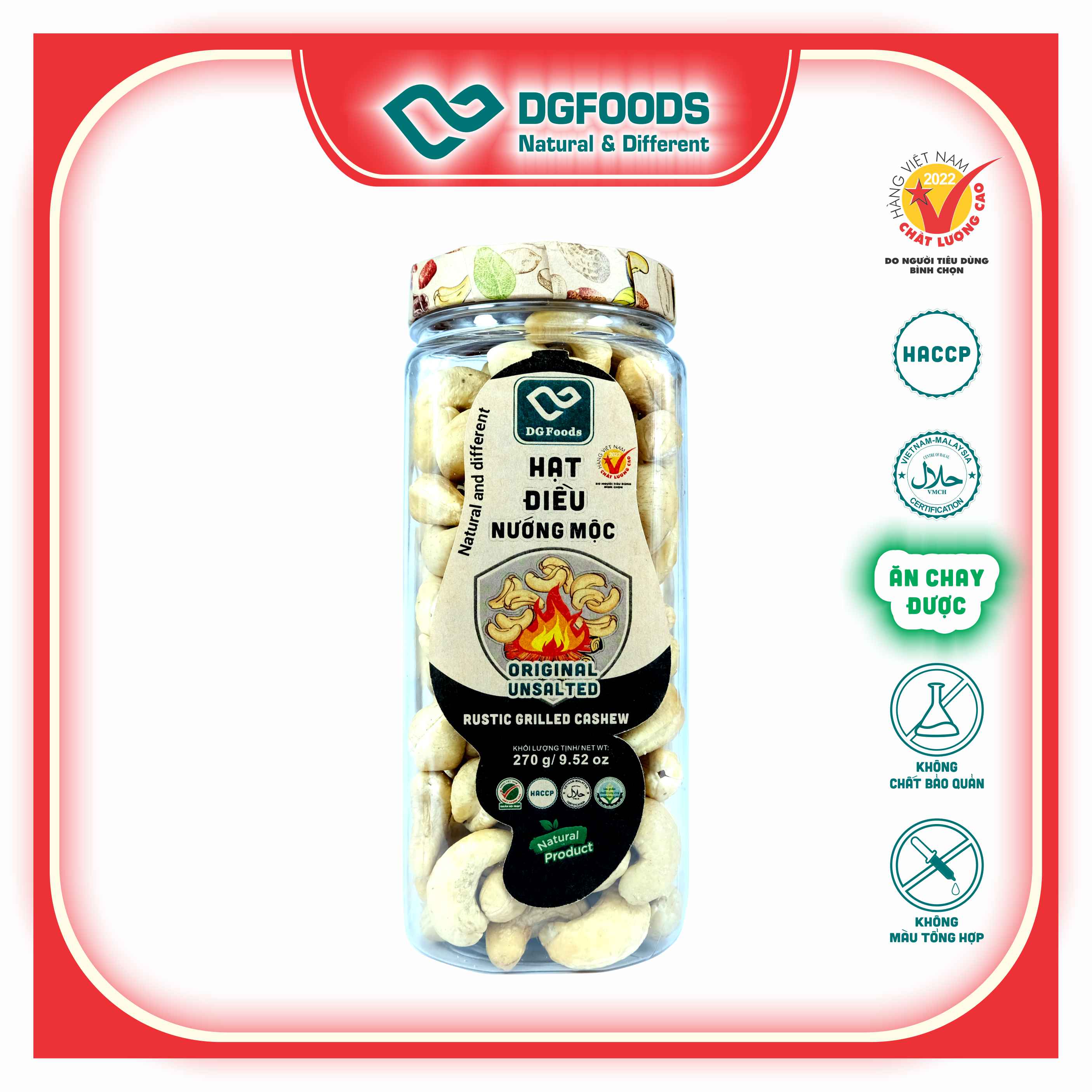 Hạt Điều Nướng Mộc DGoods 270g/ Rustic grilled cashew/ HVNCLC, Haccp, Halal, Ăn chay, Ăn kiêng, Đặc sản Cần Thơ, Hạt điều bình phước