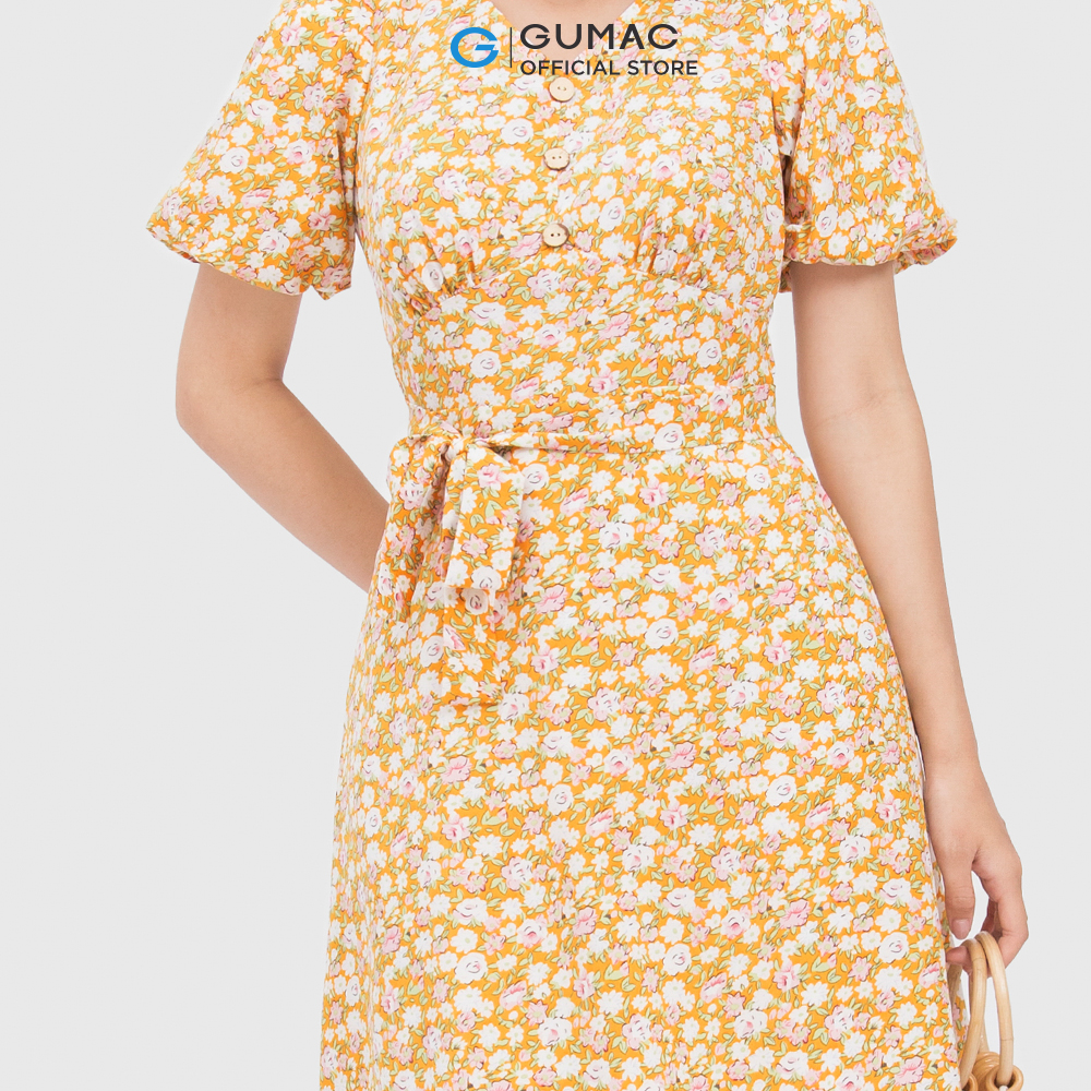 Đầm nữ GUMAC DC04038 form A xòe cổ chữ V nhún ngực dễ thương
