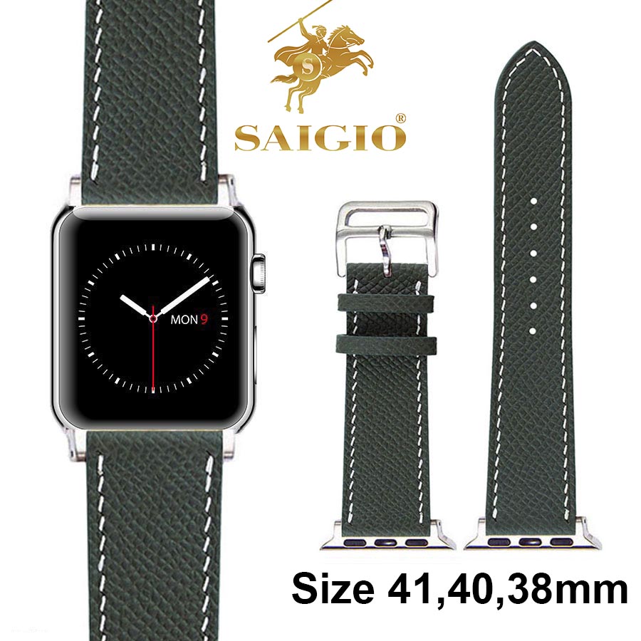 Dây Đồng Hồ Apple Watch 41mm 40mm 38mm, Chất Liệu Da Bê EPSOM Thảo Mộc Cao Cấp, Nhập Khẩu Từ Châu Âu, Dây Đeo Phong Cách Hiện Đại và Sang Trọng, Tương Thích Các Phiên Bản Series 8/7/6/5/4/3/2/1/SE/SE2 - Xanh Midnight/Chỉ Trắng - ADAPTER BẠC