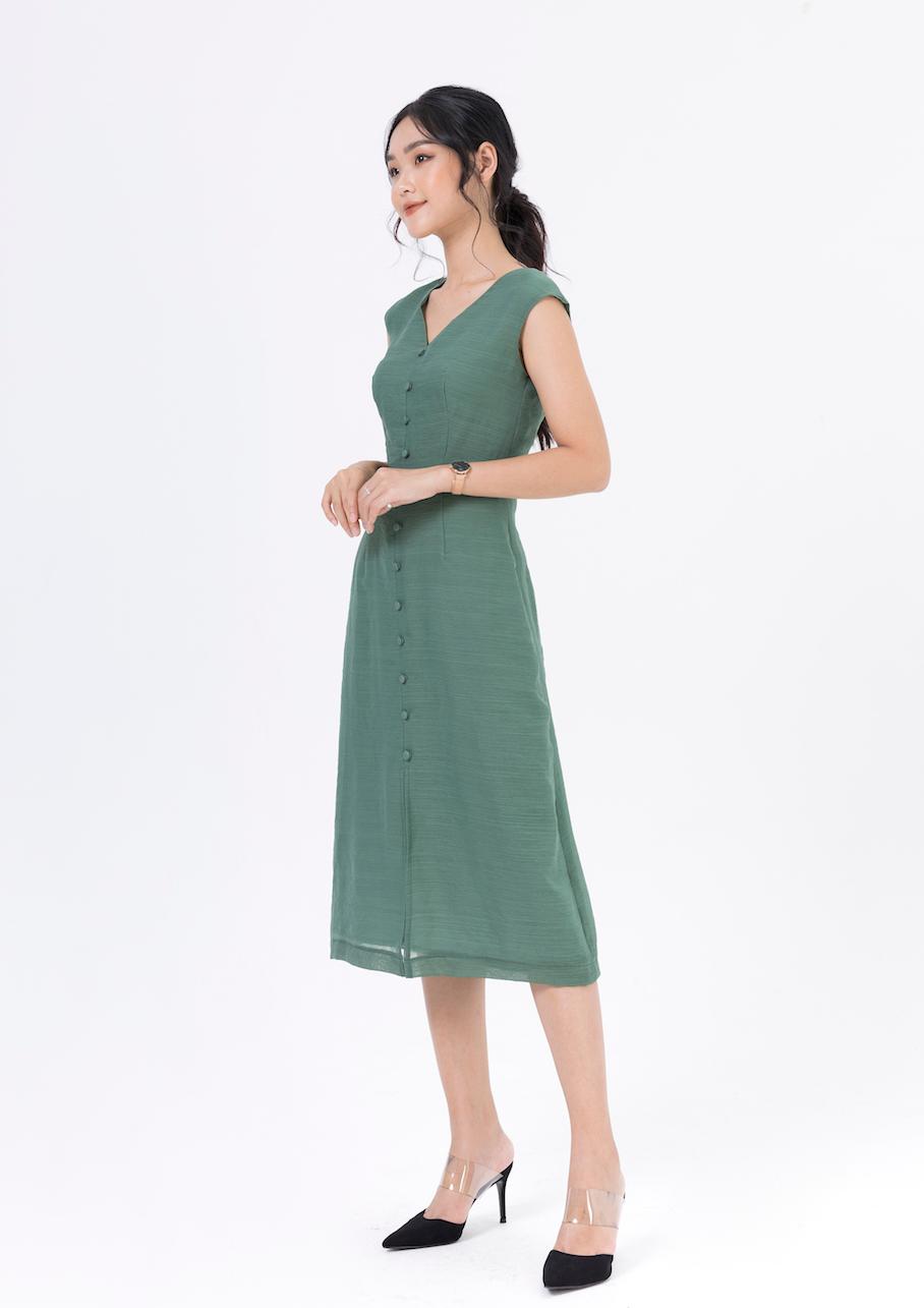 De Leah - Đầm Ôm Midi Xẻ trước - Xanh rêu