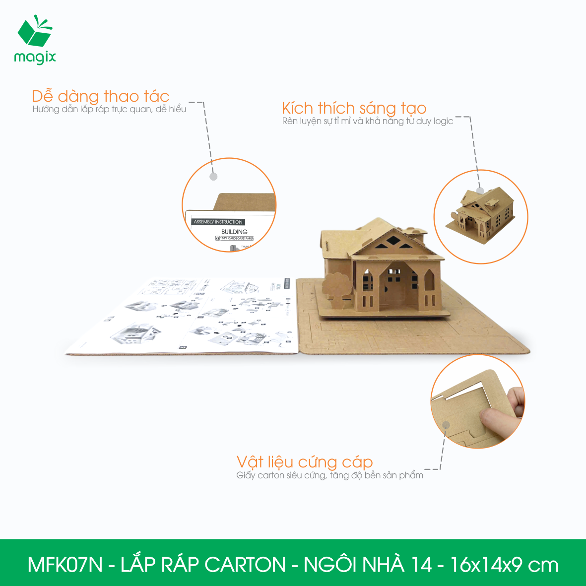 MFK07N -16x14x9 cm - Mô hình ngôi nhà lắp ráp từ bìa carton cao cấp, nhà giấy carton mini sáng tạo