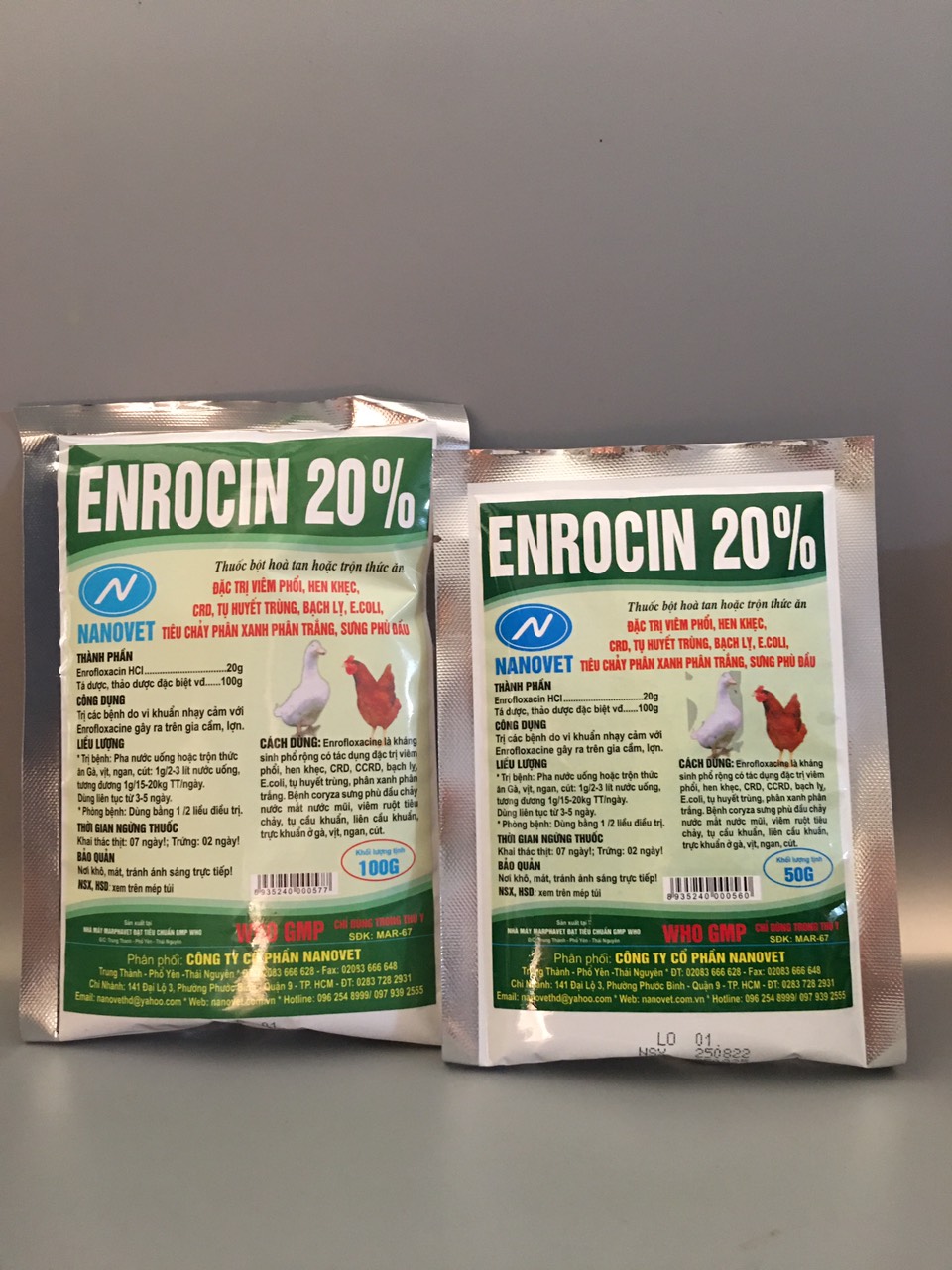 Enro 20% viêm phổi, hen khẹc, tụ huyết trùng, phân xanh, phân trắng chó mèo gia súc gia cầm