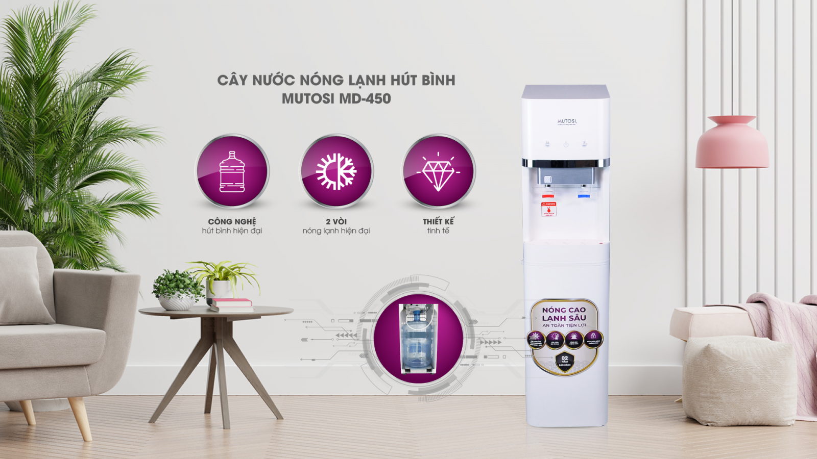 Cây nước nóng lạnh Mutosi MD-450 hút bình - Công nghệ nhật bản - Hàng chính hãng