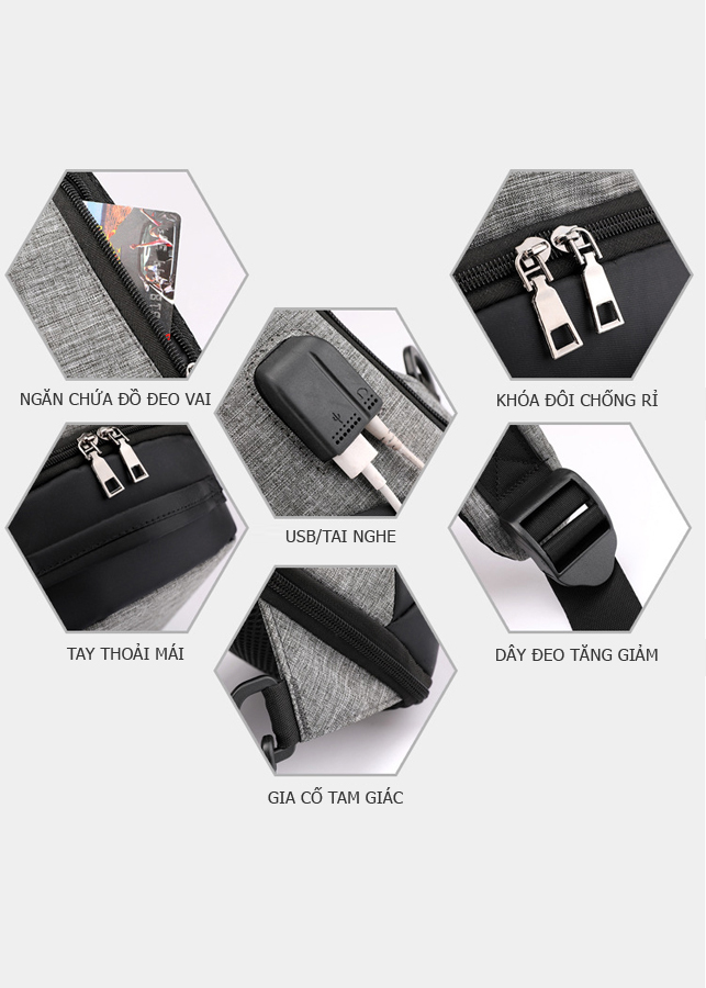 Túi đeo chéo nam nữ du lịch thời trang Hàn quốc có kết nối cổng sạc USB và tai nghe ngoài đa năng DQTC002