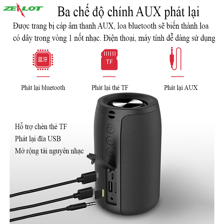 Loa bluetooth Zealot hàng chính hãng với phiên bản bluetooth, 5.0 màng loa kép cho âm thanh 3D sống động cực hay, kết nối ổn định