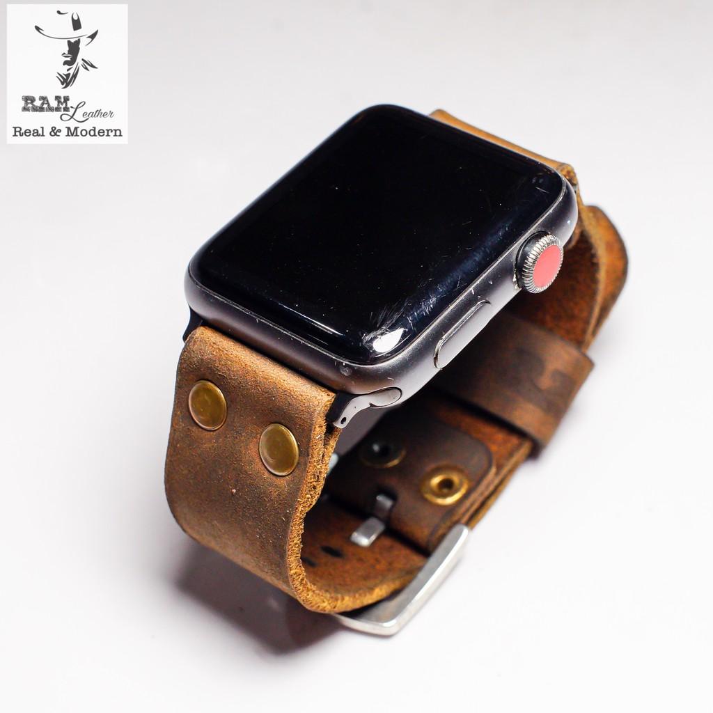 Dây đồng hồ da bò thật kiểu phi công RAM Leather rivet nâu đất bền chắc - tặng khóa chốt và cây thay dây