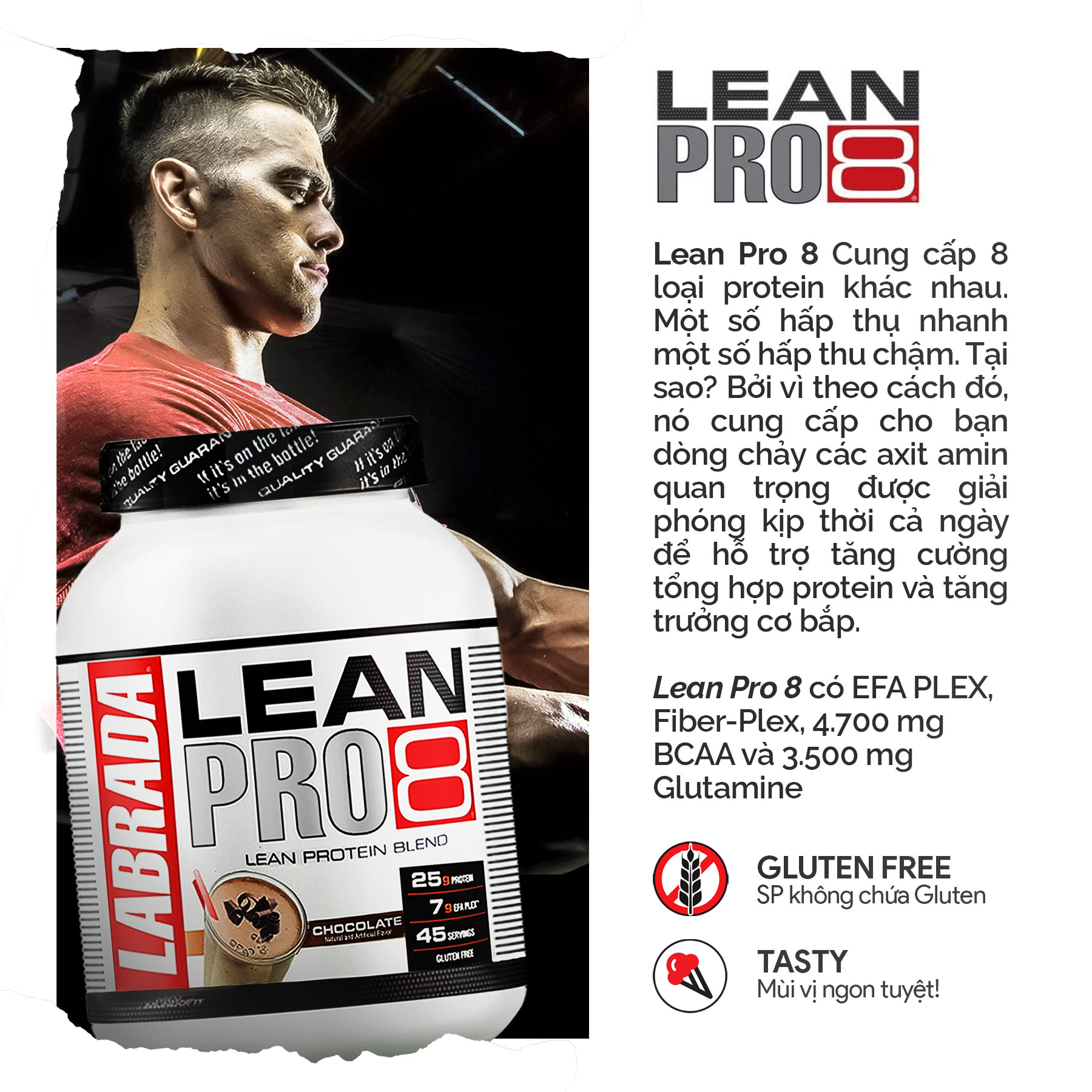 Sữa Tăng Cơ Lean Pro 8 từ Labrada - 8 Nguồn Protein cao cấp trải dài cho Cơ bắp phát triển toàn diện + Quà Tặng