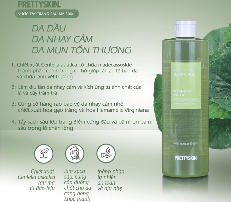 Nước Tẩy trang Rau Má Cho Da Dầu Mụn Pretty Skin The Pure Jeju Cica Cleansing Water 500ml