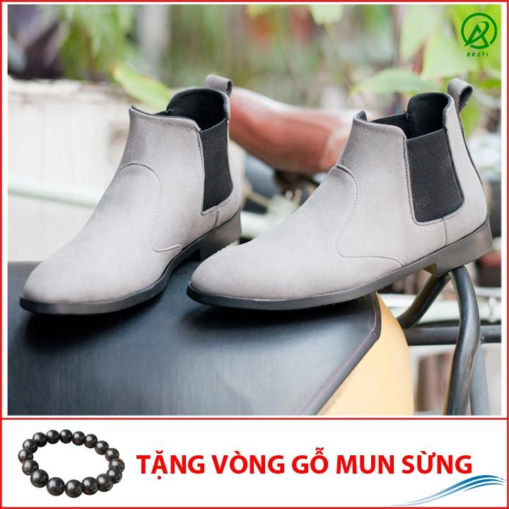 Giày Chelsea Boot Nam Cổ Chun Da Búc Xám Phong Cách Hàn Quốc - CB520-bucxamhun(GM)- Kèm Vòng Gỗ Mun