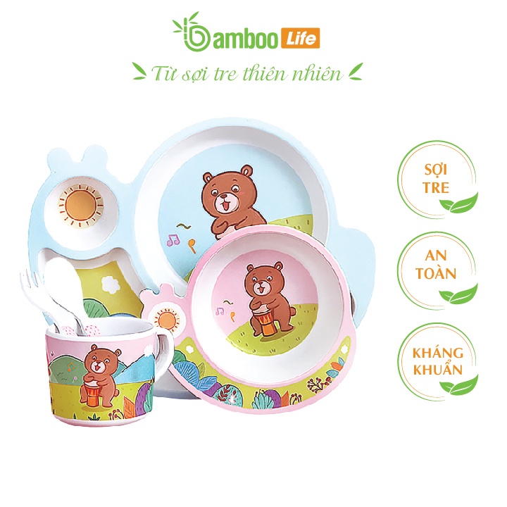 Khay ăn dặm sợi tre Bamboo Life an toàn cho bé- Bộ chén ăn dặm cao cấp 5 chi tiết thìa, dĩa, khay, bát, cốc hình Sên