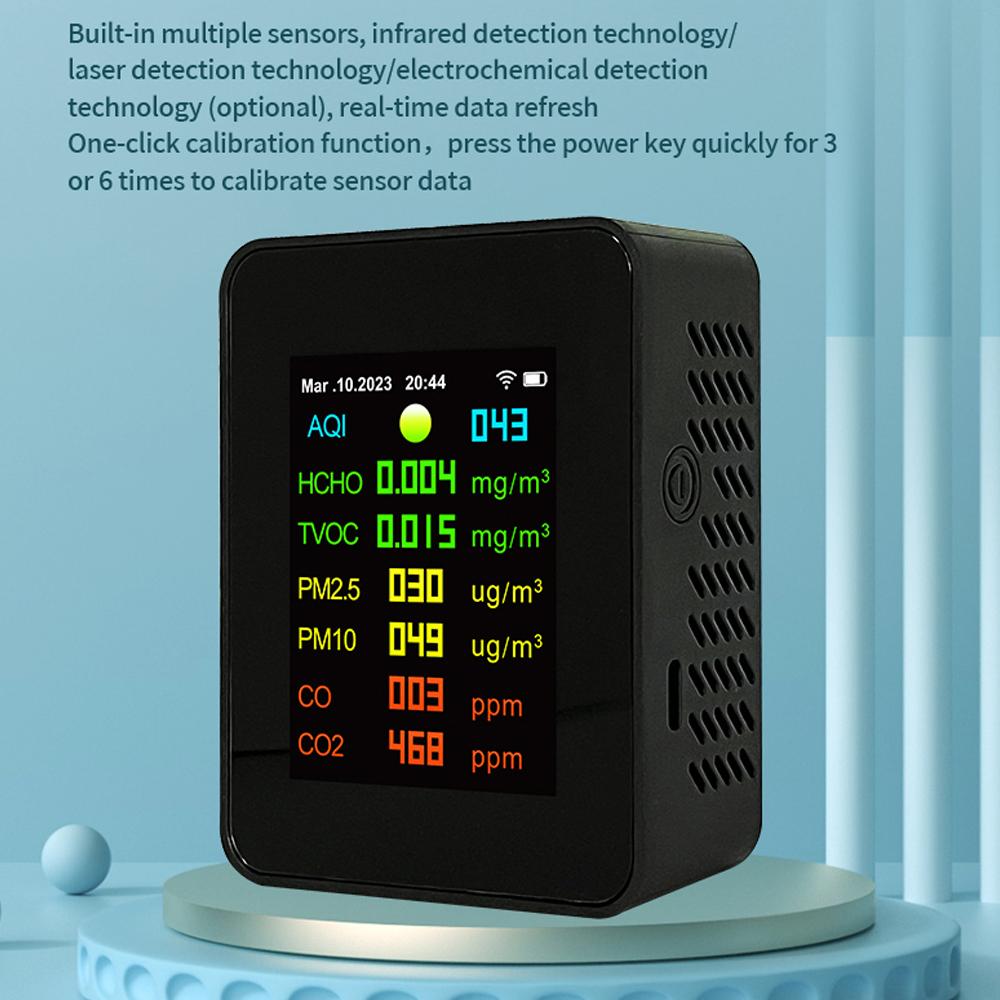 Tuya Wifi Portable Air Quality Meter 7in1 PM2.5 PM10 Carbonic Oxide Carbon Dioxide TVOC HCHO AQI Tester TFT Color Screen Carbon Dioxide Detector with Time and Date Display Function