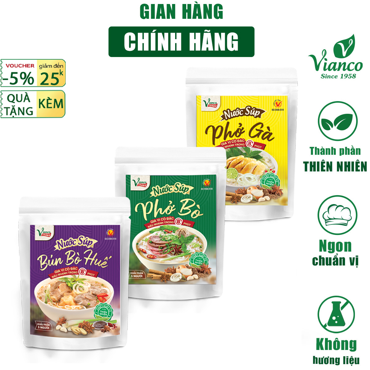 Combo 3 Gói Gia Vị Súp Cô Đặc Vị Phở Bò - Phở Gà - Bún Bò Huế gói 200ml Vianco Foods Tiện Lợi