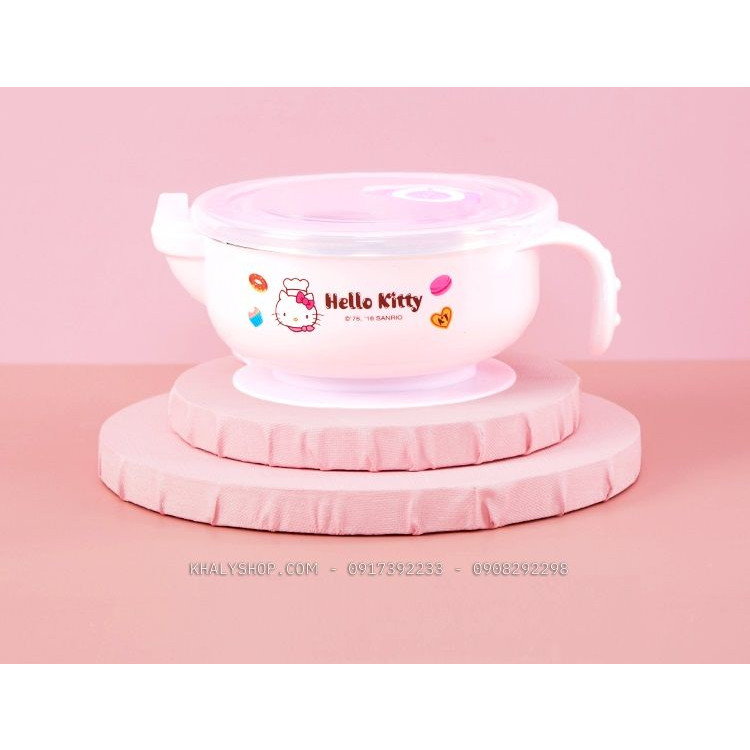 Tô ,chén giữ nhiệt inox có quai cầm tay hình mèo Hello Kitty màu trắng cho bé gái (17cm x 8cm) - CMKT002