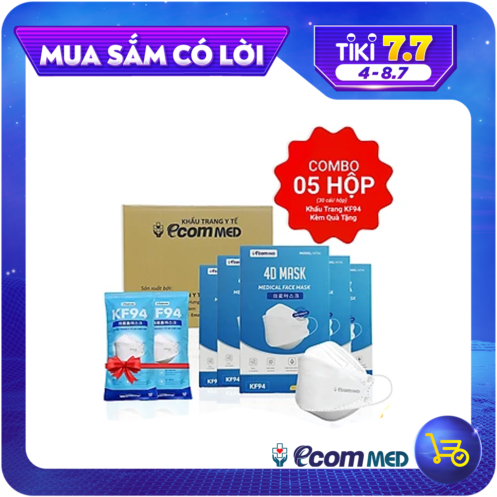 Combo 5 Hộp Khẩu Trang 4D KF94 EcomMed (Hộp 30 cái) - Tặng Thêm 2 Bịch 10 cái - Đạt chuẩn FDA Hoa Kỳ