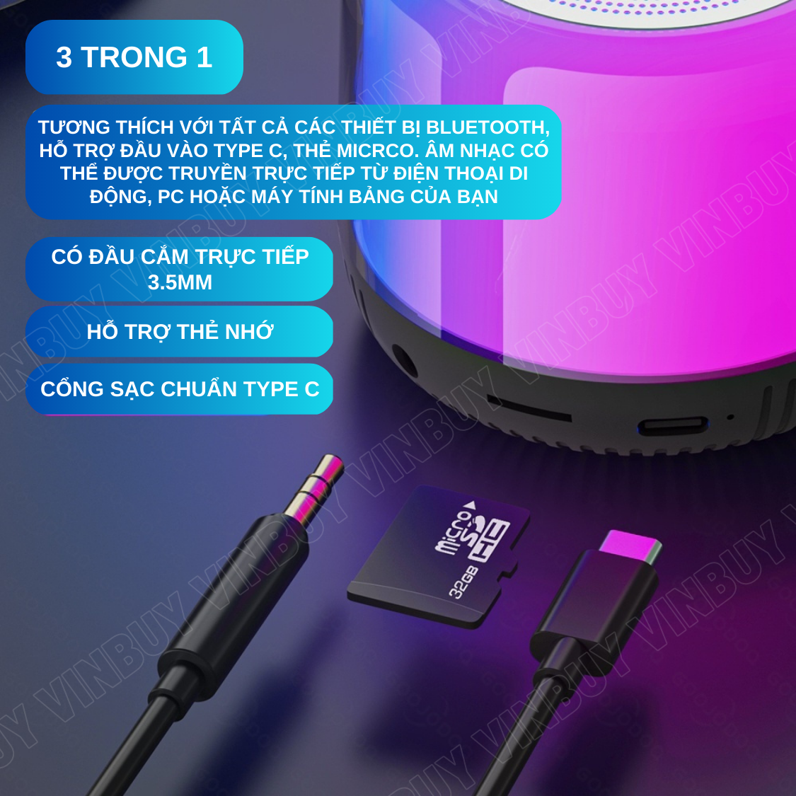 Loa bluetooth mini không dây wireless TWS HiFi loa nghe nhạc âm trầm bass mạnh có đèn RGB đổi màu theo nhạc, hỗ trợ thẻ nhớ - Hàng chính hãng VinBuy