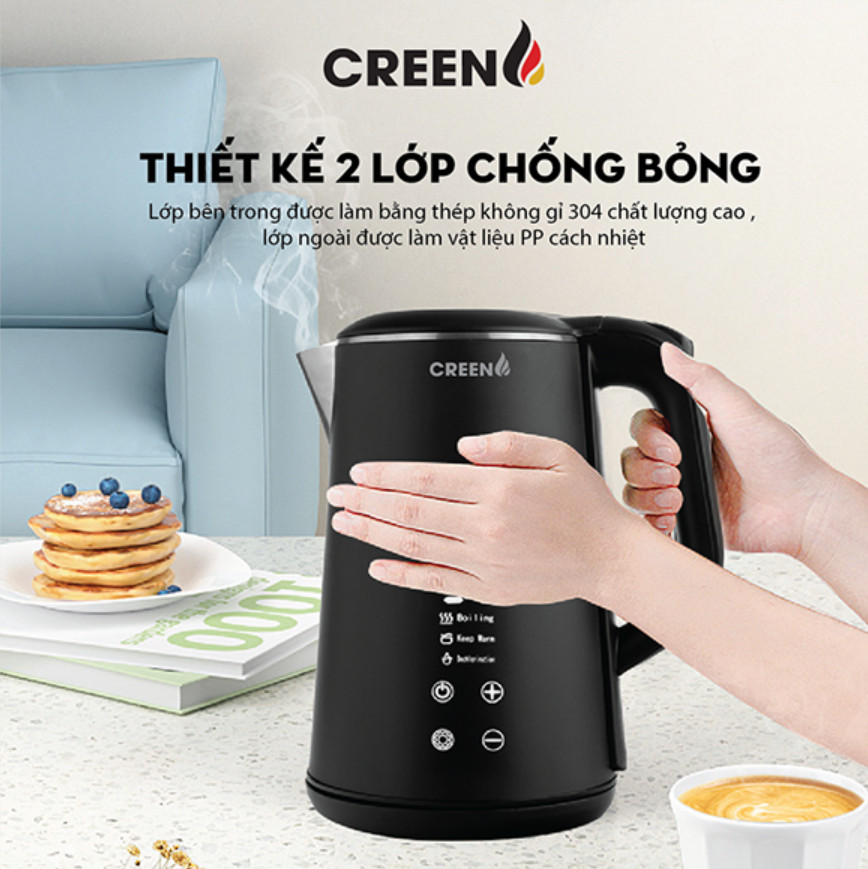 ( SIÊU PHẨM 2026 ) Ấm Siêu Tốc Khử Clo inox304 Creen CR-SW17B Dung Tích 1,7L Chuẩn Công Nghệ Đức - Điều Chỉnh Nhiệt Độ - Hàng Chính Hãng