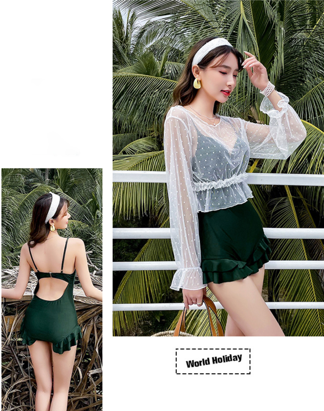 Bộ đồ bơi bikini nữ 1 mảnh đi tắm biển kèm áo croptop ren trắng chấm bi tiểu thư hot trend 2021- B05