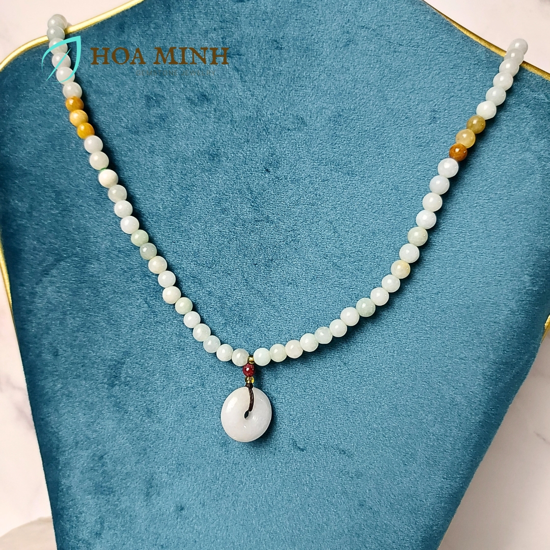 Vòng tay chuỗi 108 hạt Cẩm Thạch bạch ngọc nếp băng size hạt 5.5 li phối điếu cẩm thạch phong thủy tài lộc